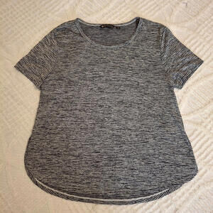 Athleta Medium T-Shirt Womens Black Gray White Striped Tee Short Sleeve